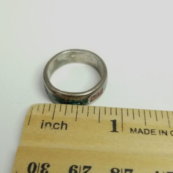Vintage Inlaid Silver Tone Band Ring, Tarnished, Blue Red, Stacking Size 6 - Picture 5 of 7